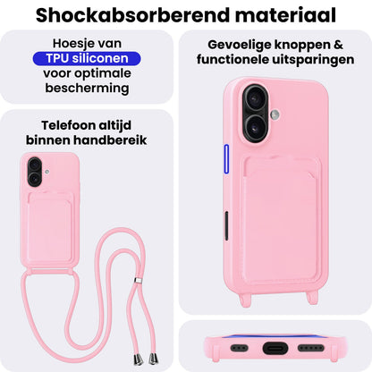 iPhone 16 Hoesje Met Telefoonkoord en Pasjeshouder Siliconen - Lichtroze