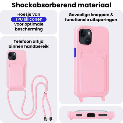 iPhone 15 Hoesje Met Telefoonkoord en Pasjeshouder Siliconen - Lichtroze