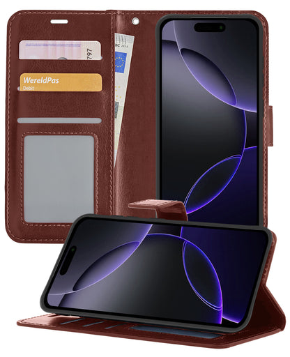 iPhone 16 Pro Max Hoesje Bookcase Cover met Kaarthouder - Bruin