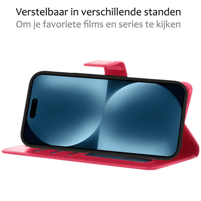 iPhone 15 Plus Hoesje Bookcase Cover met Kaarthouder - Donkerroze