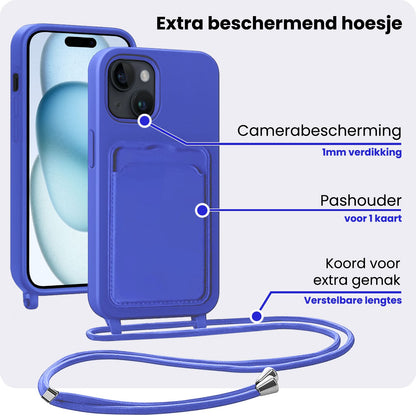 iPhone 15 Plus Hoesje Met Telefoonkoord en Pasjeshouder Siliconen - Felblauw
