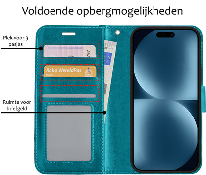 iPhone 15 Plus Hoesje Bookcase Cover met Kaarthouder - Turquoise
