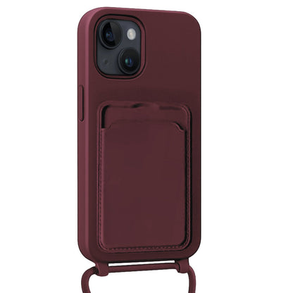 iPhone 15 Plus Hoesje Met Telefoonkoord en Pasjeshouder Siliconen - Aubergine