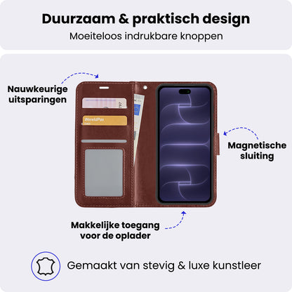 iPhone 18 Pro Hoesje Bookcase Cover met Kaarthouder - Bruin