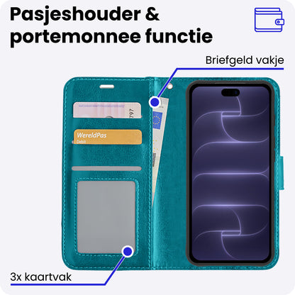 iPhone 18 Pro Hoesje Bookcase Cover met Kaarthouder - Turquoise