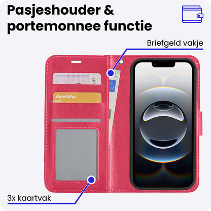 iPhone 16e Hoesje Bookcase Cover met Kaarthouder - Donkerroze