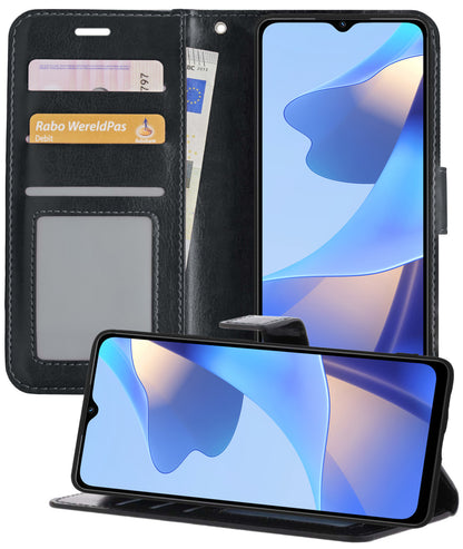 OPPO A16s Hoesje Bookcase Cover met Kaarthouder - Zwart