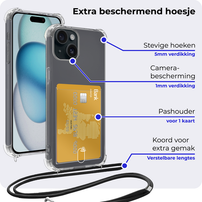 iPhone 14 Plus Hoesje Kaarthouder met Koord Backcover Shockproof - Transparant