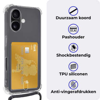 iPhone 16 Hoesje Met Pashouder en Koord - Transparant