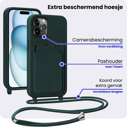iPhone 14 Pro Max Hoesje Met Telefoonkoord en Pasjeshouder Siliconen - Donkergroen