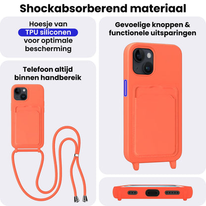 iPhone 15 Plus Hoesje Met Telefoonkoord en Pasjeshouder Siliconen - Papaya