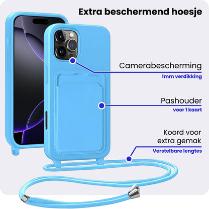 iPhone 16 Pro Max Hoesje Met Telefoonkoord en Pasjeshouder Siliconen - Lichtblauw