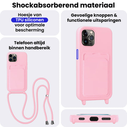 iPhone 15 Pro Hoesje Met Telefoonkoord en Pasjeshouder Siliconen - Lichtroze