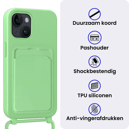iPhone 15 Hoesje Met Telefoonkoord en Pasjeshouder Siliconen - Groen