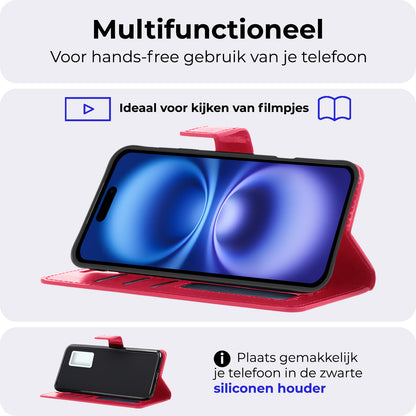 iPhone 16 Plus Hoesje Bookcase Cover met Kaarthouder - Donkerroze