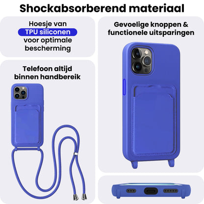 iPhone 15 Pro Max Hoesje Met Telefoonkoord en Pasjeshouder Siliconen - Felblauw