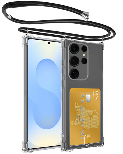 Samsung S25 Ultra Hoesje Kaarthouder met Koord Backcover Shockproof - Transparant