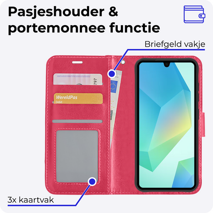 Samsung A16 Hoesje Bookcase Cover met Kaarthouder - Donkerroze