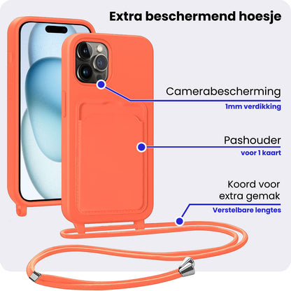 iPhone 15 Pro Hoesje Met Telefoonkoord en Pasjeshouder Siliconen - Papaya