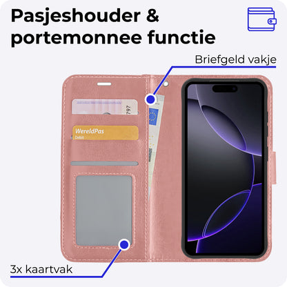 iPhone 16 Pro Max Hoesje Bookcase Cover met Kaarthouder - Rosé goud