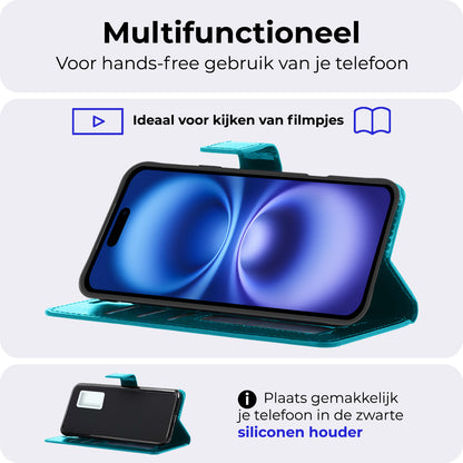 iPhone 16 Plus Hoesje Bookcase Cover met Kaarthouder - Turquoise
