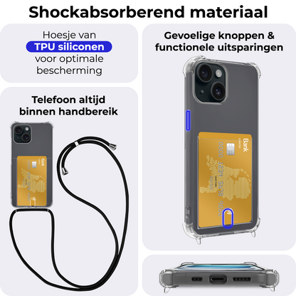 iPhone 15 Plus Hoesje Kaarthouder met Koord Backcover Shockproof - Transparant