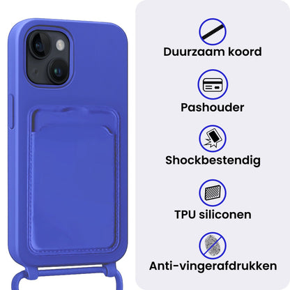 iPhone 15 Hoesje Met Telefoonkoord en Pasjeshouder Siliconen - Felblauw