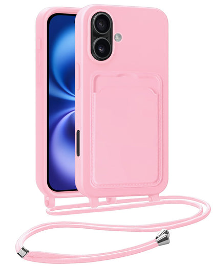 iPhone 16 Hoesje Met Telefoonkoord en Pasjeshouder Siliconen - Lichtroze