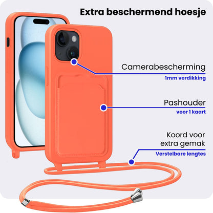 iPhone 15 Hoesje Met Telefoonkoord en Pasjeshouder Siliconen - Papaya