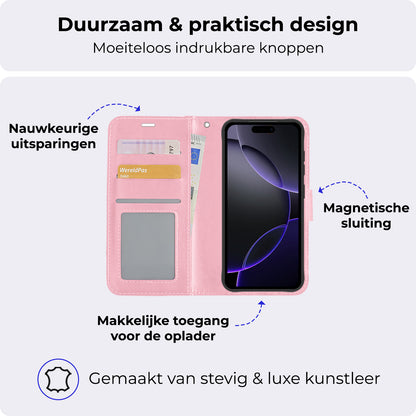 iPhone 16 Pro Hoesje Bookcase Cover met Kaarthouder - Lichtroze