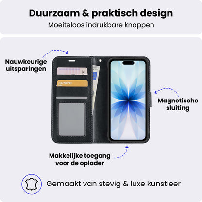 iPhone 17 Hoesje Bookcase Cover met Kaarthouder - Zwart