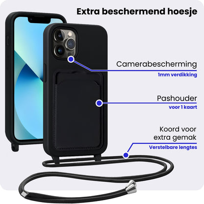 iPhone 13 Pro Hoesje Met Telefoonkoord en Pasjeshouder Siliconen - Zwart