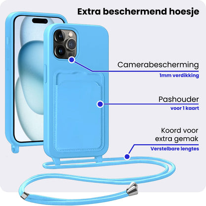 iPhone 14 Pro Hoesje Met Telefoonkoord en Pasjeshouder Siliconen - Lichtblauw