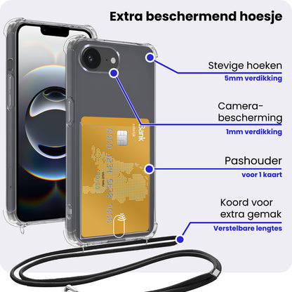 iPhone 16e Hoesje Kaarthouder met Koord Backcover Shockproof - Transparant