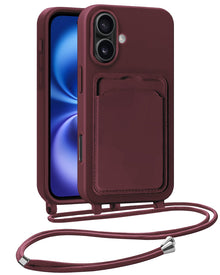 iPhone 16 Plus Hoesje Met Telefoonkoord en Pasjeshouder Siliconen - Aubergine