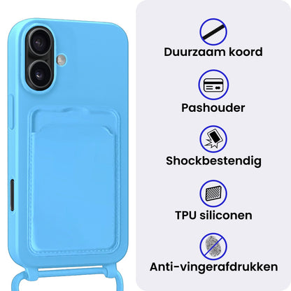 iPhone 16 Plus Hoesje Met Telefoonkoord en Pasjeshouder Siliconen - Lichtblauw