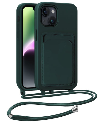 iPhone 14 Hoesje Met Telefoonkoord en Pasjeshouder Siliconen - Donkergroen