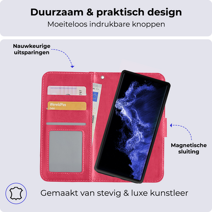Samsung S22 Ultra Hoesje Bookcase Cover Uitneembaar - Donkerroze