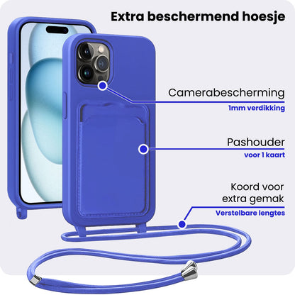 iPhone 15 Pro Max Hoesje Met Telefoonkoord en Pasjeshouder Siliconen - Felblauw