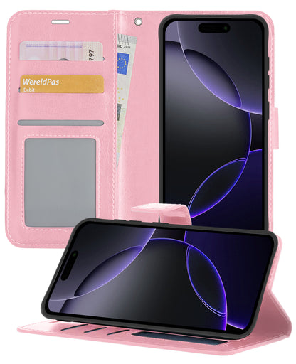 iPhone 16 Pro Max Hoesje Bookcase Cover met Kaarthouder - Lichtroze