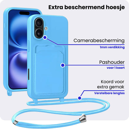 iPhone 16 Plus Hoesje Met Telefoonkoord en Pasjeshouder Siliconen - Lichtblauw