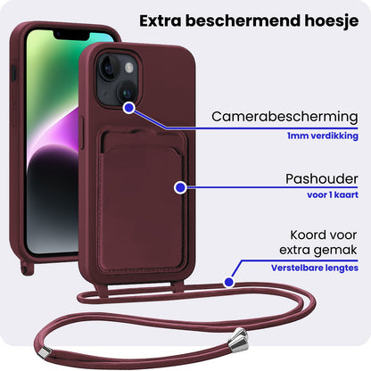 iPhone 14 Hoesje Met Telefoonkoord en Pasjeshouder Siliconen - Aubergine