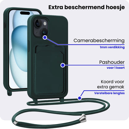 iPhone 15 Plus Hoesje Met Telefoonkoord en Pasjeshouder Siliconen - Donkergroen