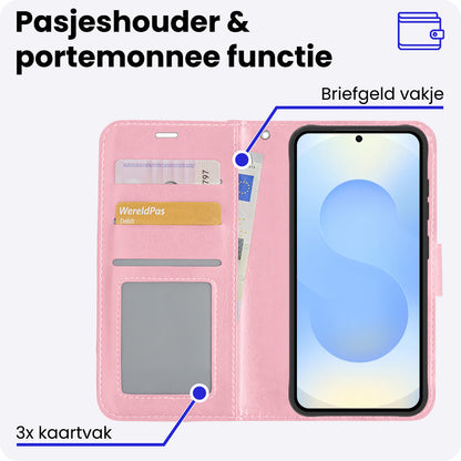 Samsung S25 Hoesje Bookcase Cover met Kaarthouder - Lichtroze