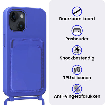 iPhone 14 Plus Hoesje Met Telefoonkoord en Pasjeshouder Siliconen - Felblauw