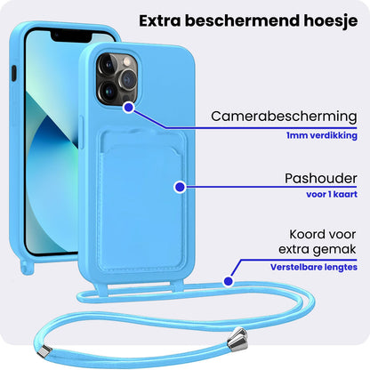 iPhone 13 Pro Hoesje Met Telefoonkoord en Pasjeshouder Siliconen - Lichtblauw