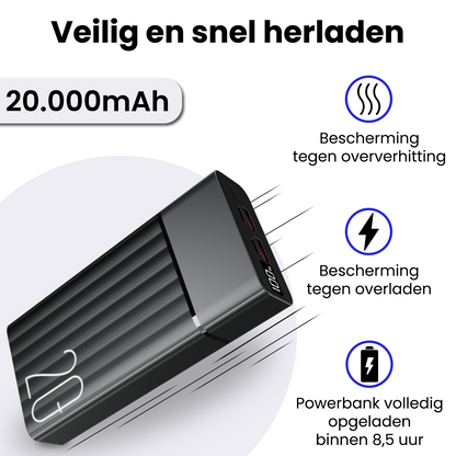 Powerbank 20000 mAh USB-C & USB-A Fast Charge – Powerbanks Geschikt Voor iPhone en Samsung Noodpakket - Zwart
