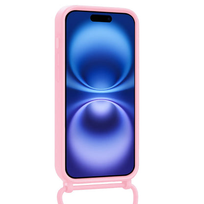iPhone 16 Hoesje Met Telefoonkoord en Pasjeshouder Siliconen - Lichtroze
