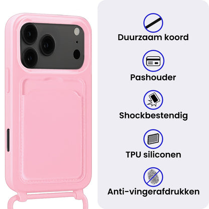iPhone 17 Pro Max Hoesje Met Telefoonkoord en Pasjeshouder Siliconen - Lichtroze