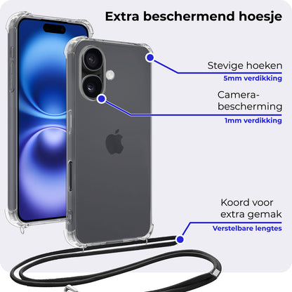 iPhone 16 Plus Hoesje met Koord Backcover Shockproof - Transparant